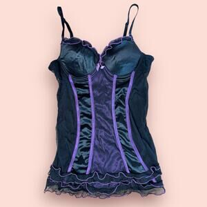 Y2K Vtg Slip Dress Chemise Lingerie 34C Purple Black Ruffle Goth Trashy Bustier